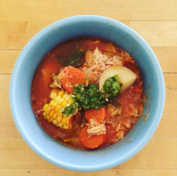 Chicken vegetable soup with cilantro jalapeño pesto. Photo by Stacey Van Landingham.